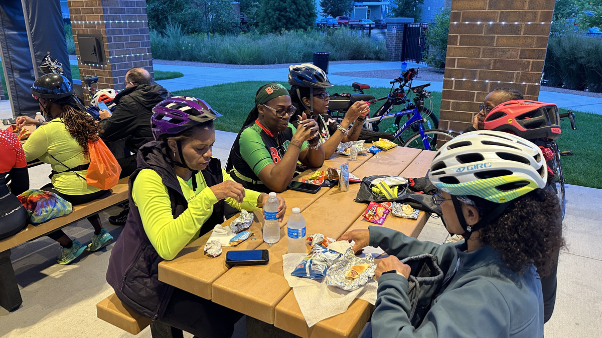 Bikers picnicked in the pavilion and waited for nightfall. The second part of the LOOP ride is much shorter than the first, and the darkness gives it a feeling of adventure. (Photo: Melanie Jongsma)
